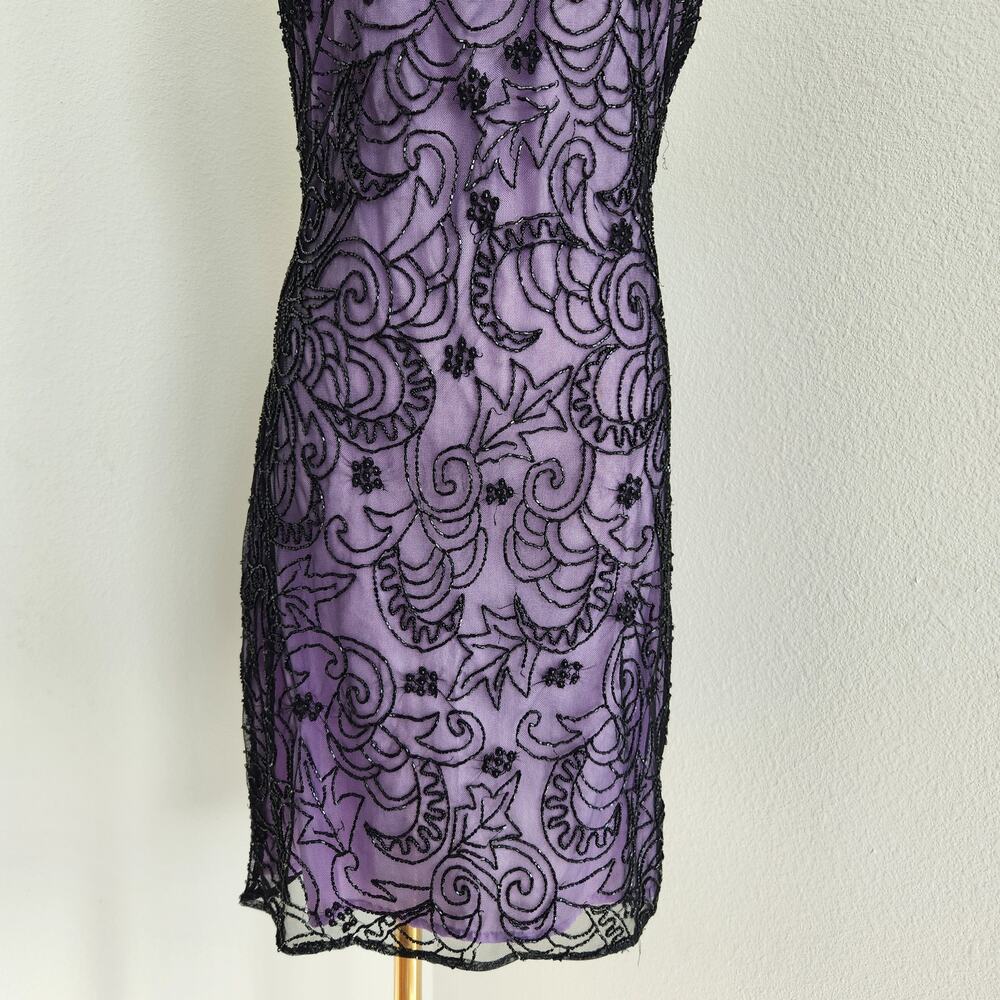 Vintage 90s Laurence Kazar Purple Black Beaded Sheath Dress Sleeveless Mini S - Picture 3 of 12